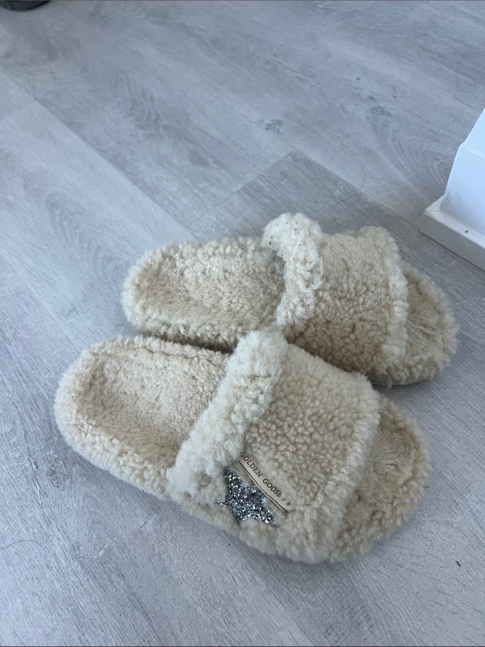 Golden Goose Cream Shearling Star Slide Slippers